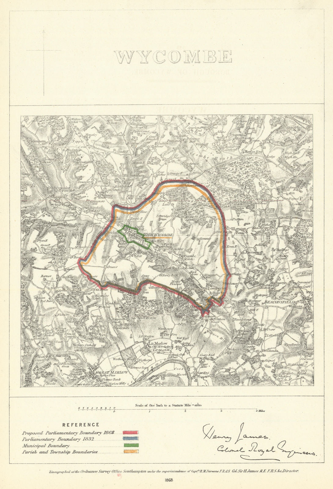High Wycombe, Buckinghamshire. JAMES. Parliamentary Boundary Commission 1868 map